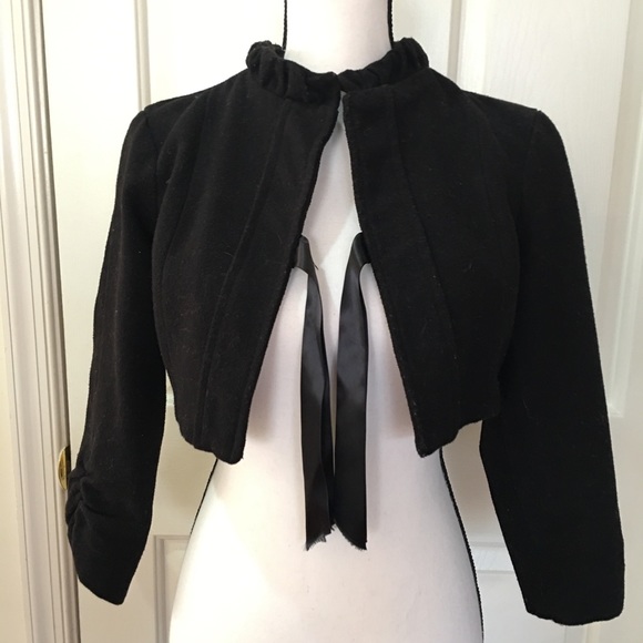 Last kiss wool bolero crop jacket coat blazer bow ribbon tie ruffle collar black - Picture 11 of 11